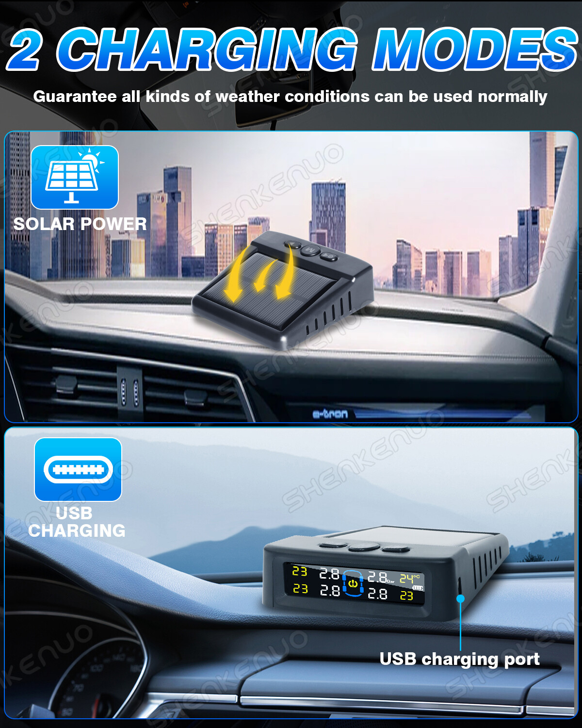 Tire Pressure Monitoring Systems TPMS 4 External Sensors Wireless Solar Power