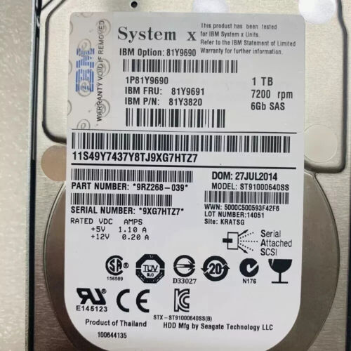 IBM 81Y9690 81Y9691 81Y3820 1TB 7.2K 6GBPS 2.5IN SFF NL SAS HARD DRIVE w/tray - Picture 4 of 6