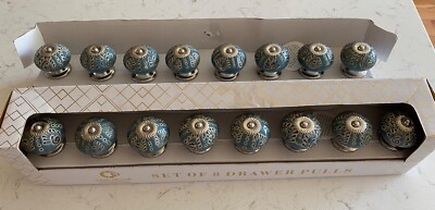 CASA DECOR Home Design CERAMIC Drawer Knobs Pulls 2 Sets of 8 Blue w/design NEW