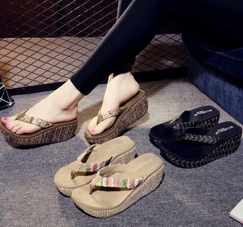 Damenschuhe Keilabsatz hoher Absatz Zehenstegsandalen Sommer Hausschuhe Freizeit Flip Flops - Bild 7 von 11