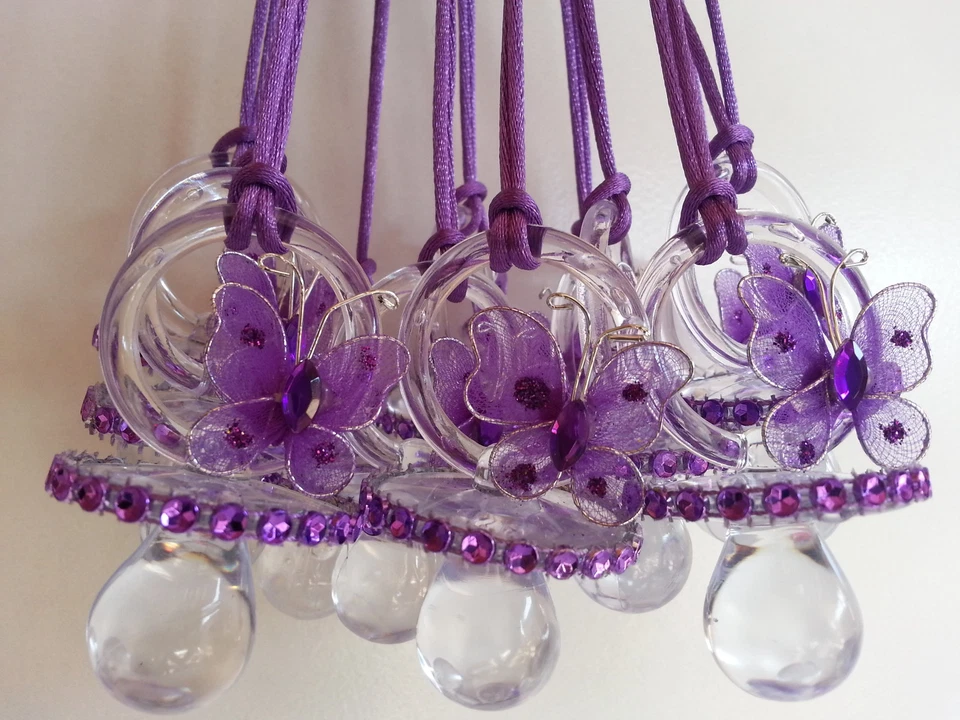 12 Collares Chupete Mariposa Púrpura Baby Shower Juego Niña Favores Premios Decoración Foto 4 de 4