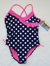 NEW GIRLS BREAKING WAVES NAVY BLUE PINK DOT ONE PIECE SWIMSUIT SZ 10.5/12.5 PLUS
