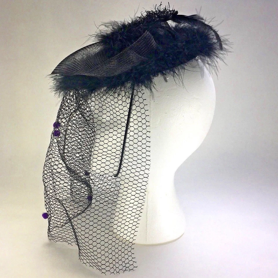 Black Cat With Feathers Fascinator Headpiece Veil Gothic Costume Accessory - Image 4 of 4