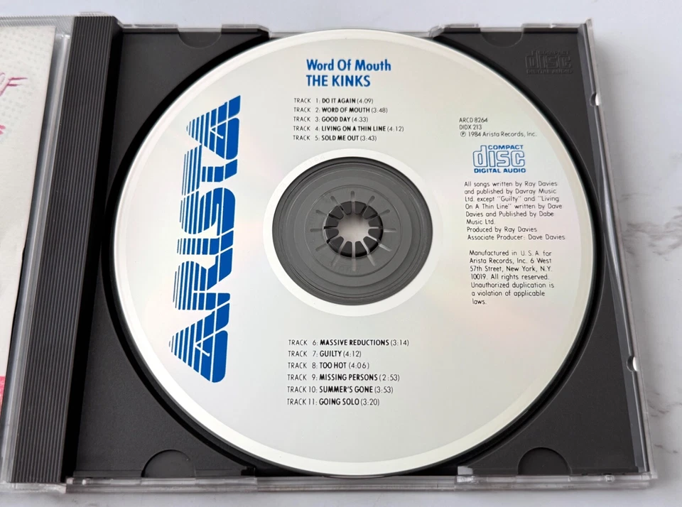 The Kinks Word Of Mouth CD DADC PRESS! 1985 Arista ARCD 8264 Too Hot RARE! OOP! Foto 2 de 4