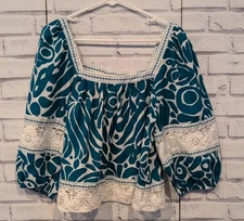 Rachel Zoe Women's Size XL Linen Blend Blouse Green White Crochet Balloon Sleeve