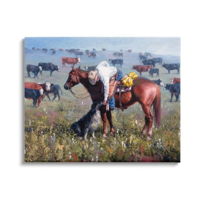 Cowboy Petting Shepherd Farm Dog Cattle Grasslands Landscape, Design by Jack ...