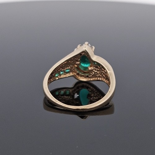 10K Yellow Gold Diamond Lab Created Emerald Bypass Cocktail Ring Size 5.5 - Picture 16 of 18