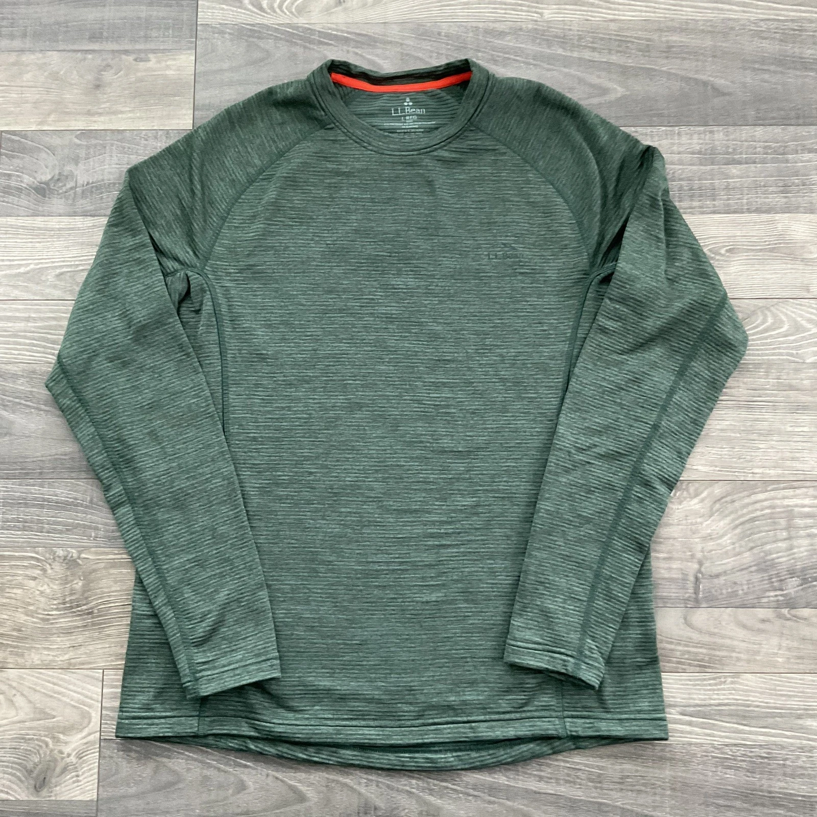 LL Bean Midweight Base Layer Crew Top Men's LARGE Pinewood Green Stripes 523671