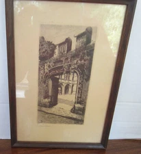 antique etching Monastery at Cluny France signed by Lucy Garnot French artist