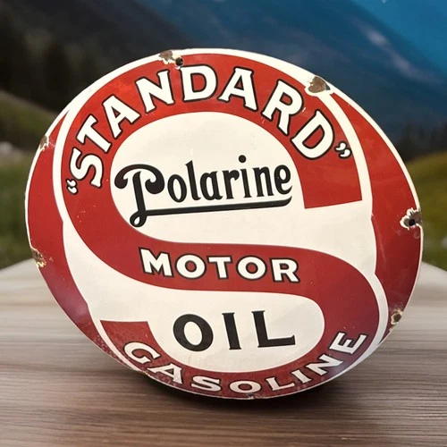Vintage 12” Standard Gasoline Polarine Oil Dome Pump Plate Porcelain Metal Sign