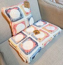 Handmade Crocheted Granny Square Baby Blanket And Matching Pillow