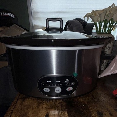 Slow Cooker 8 Qt Programmable Stainless Steel Silver/Black w/ Lid Pot Base