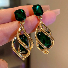 Womens Gold Hoop Earrings Green CZ Crystal Dangle Drop Elegant Fashion Jewelry