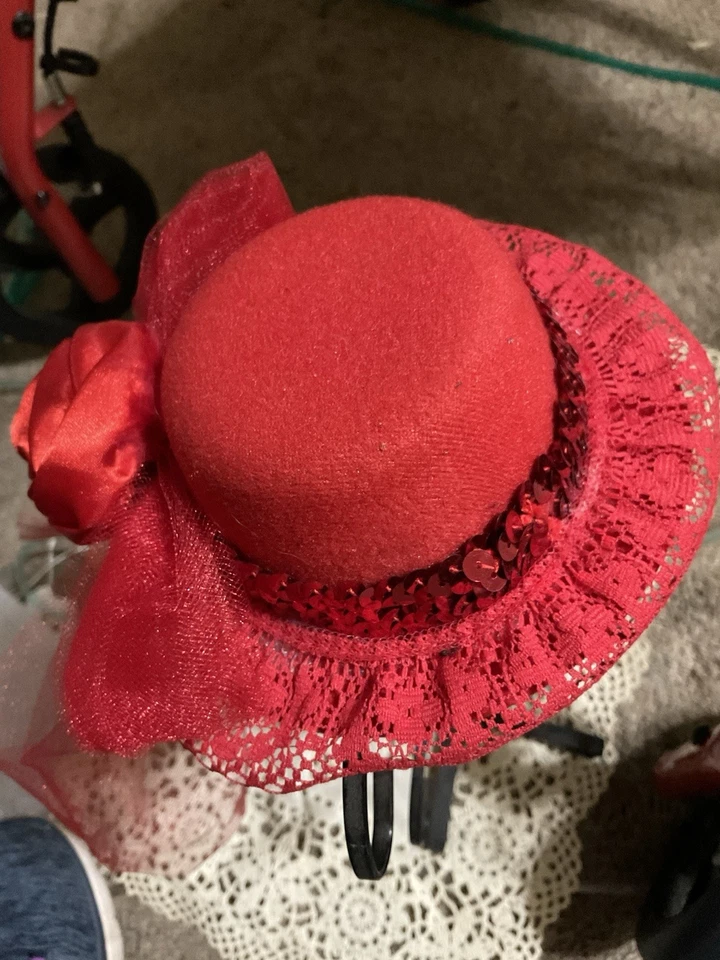 Red Fascinator Women's Headpiece Hat Vintage, Satin Rose, Sequins Mesh Bow,lace - Image 3 of 4