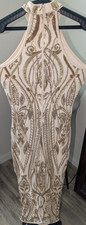 Privy Beige Gold Sequin Halter Sleeveless Midi Bodycon Dress Size S Party Formal