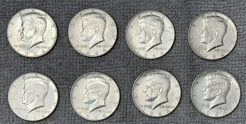 1964 Kennedy Half Dollar Lot (8) BU/UNC 90% Silver – Strong Luster, Estate Fresh
