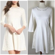 Eliza J Sweater Dress M Medium Ivory White Fit And Flare Knit Lace Insert