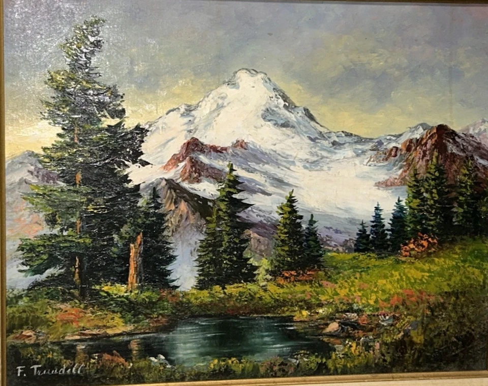 Pintura al óleo original firmada de colección Frances Trusdell "Mount Baker" Baker Lake 23x19 Foto 4 de 4