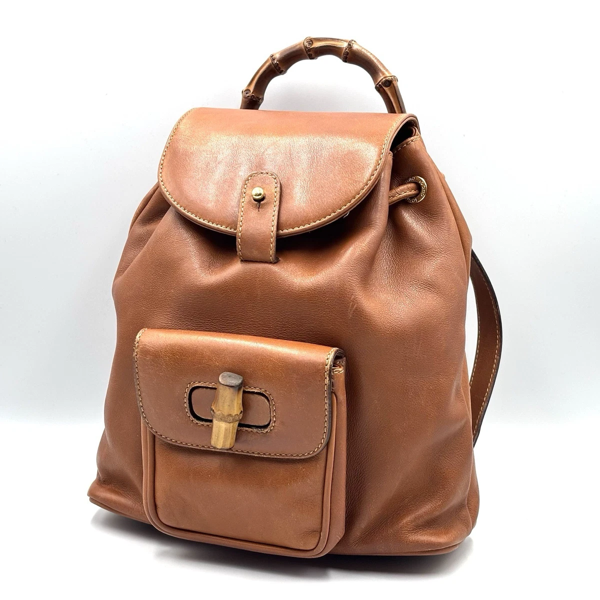 Gucci Vintage Bamboo Leather Drawstring Mini Backpack Brown Gucci Brown Mini Bamboo Leather Drawstring Backpack Pony  main image 3