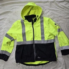 Berne Mens Size Large HiVis Workwear Yellow ANSI Class 3 Hooded Work Coat