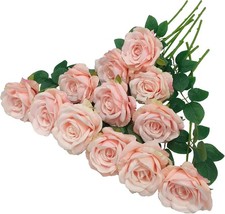 ATFL 12 Pcs Blush Pink Artificial Roses 4" Stems for Wedding Party Home Decor
