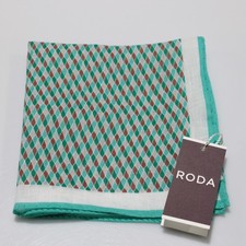 Roda NWT 100 Linen Pocket Square In Teal / Aquamarine Blue Geometric Diamond