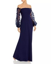 Eliza Floral EJ0-0798 Applique Sleeve Gown SZ 2 Navy $228