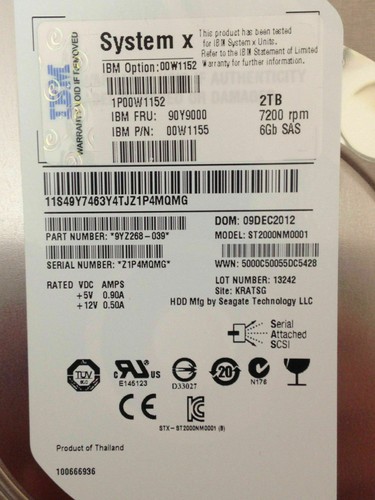 IBM 2TB 00W1152 90Y9000 00W1155 2TB 7.2K 6G 3.5" SAS HARD DRIVE DS3512 EXP3512 - Afbeelding 1 van 5