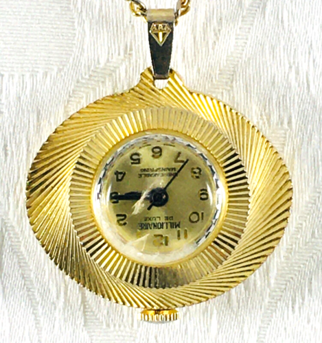 Working Millionaire Gold Tone Embossed Pendant Watch Necklace with Inverted Face - Picture 1 of 8
