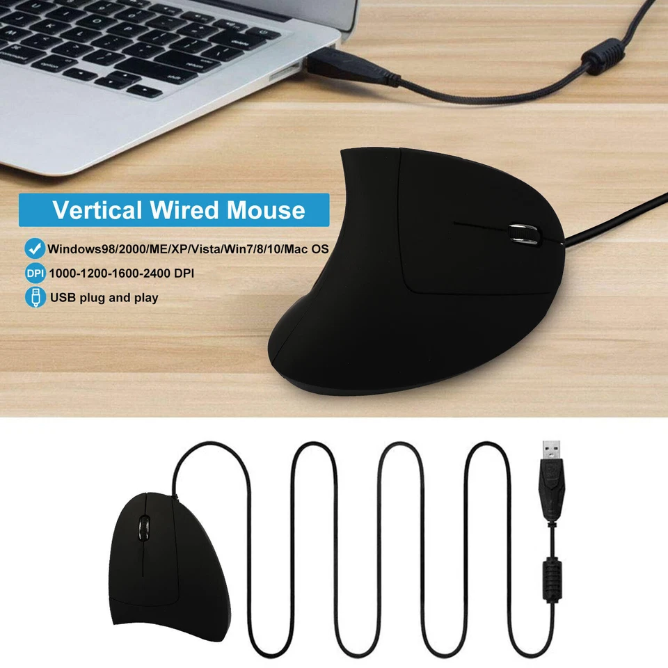 6 Keys Wired USB Vertical Mouse 2400DPI Ergonomic LED Optical Mice for PC Laptop - Image 4 of 4