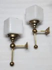 Pair Vintage Art Deco Brass Cube Milk Glass Wall Fixture Sconces Ship Light Lamp