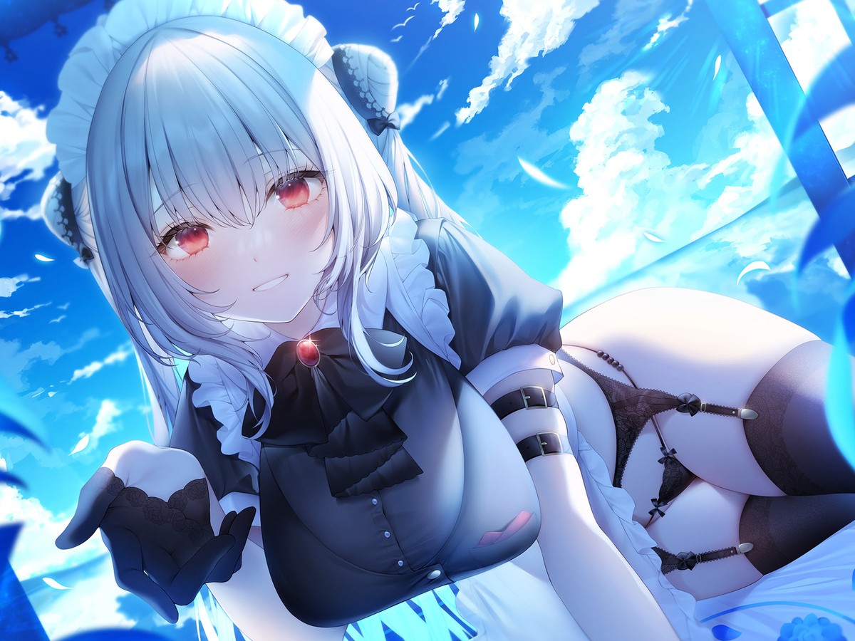Anime girls red eyes stockings garter belt white hair Playmat Game Mat Desk 