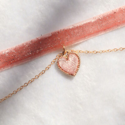 Velvet Peach Pink Heart Choker Necklace (11 6/8