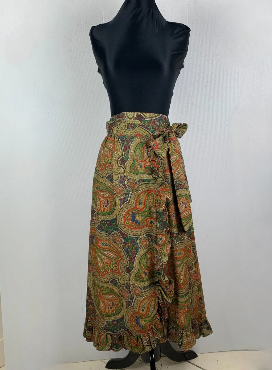 1960s Villager Paisley Wrap Maxi Skirt sz 6 Lined Ruffle Boho