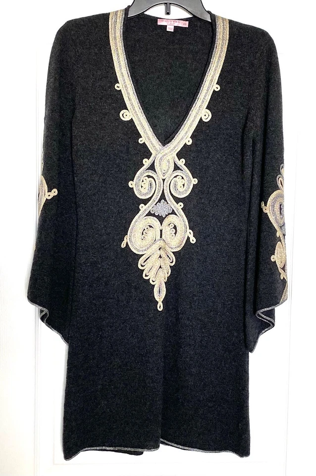 CALYPSO ST. BARTH Gray Metallic Ribbon Embroidered Cashmere Bell Sleeve Dress XS - Image 4 of 4