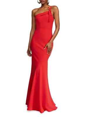 Halston Flame Red Sybil Ruffle Hem One-Shoulder Gown Size 6 $595