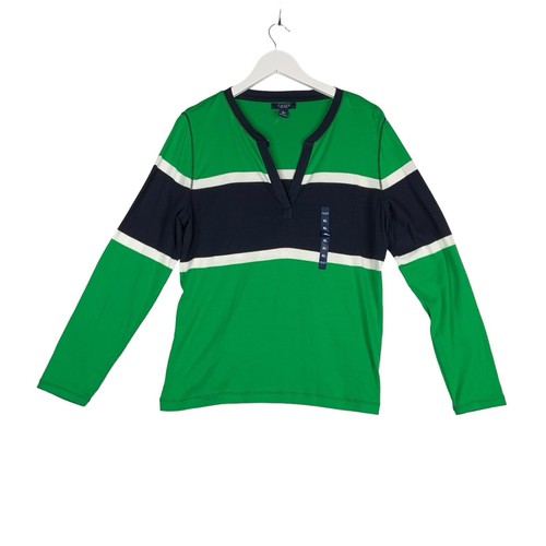 NEW CHAPS Women’s XL Top Green Blue Striped V-Neck Long Sleeve Pullover - Bild 1 von 8
