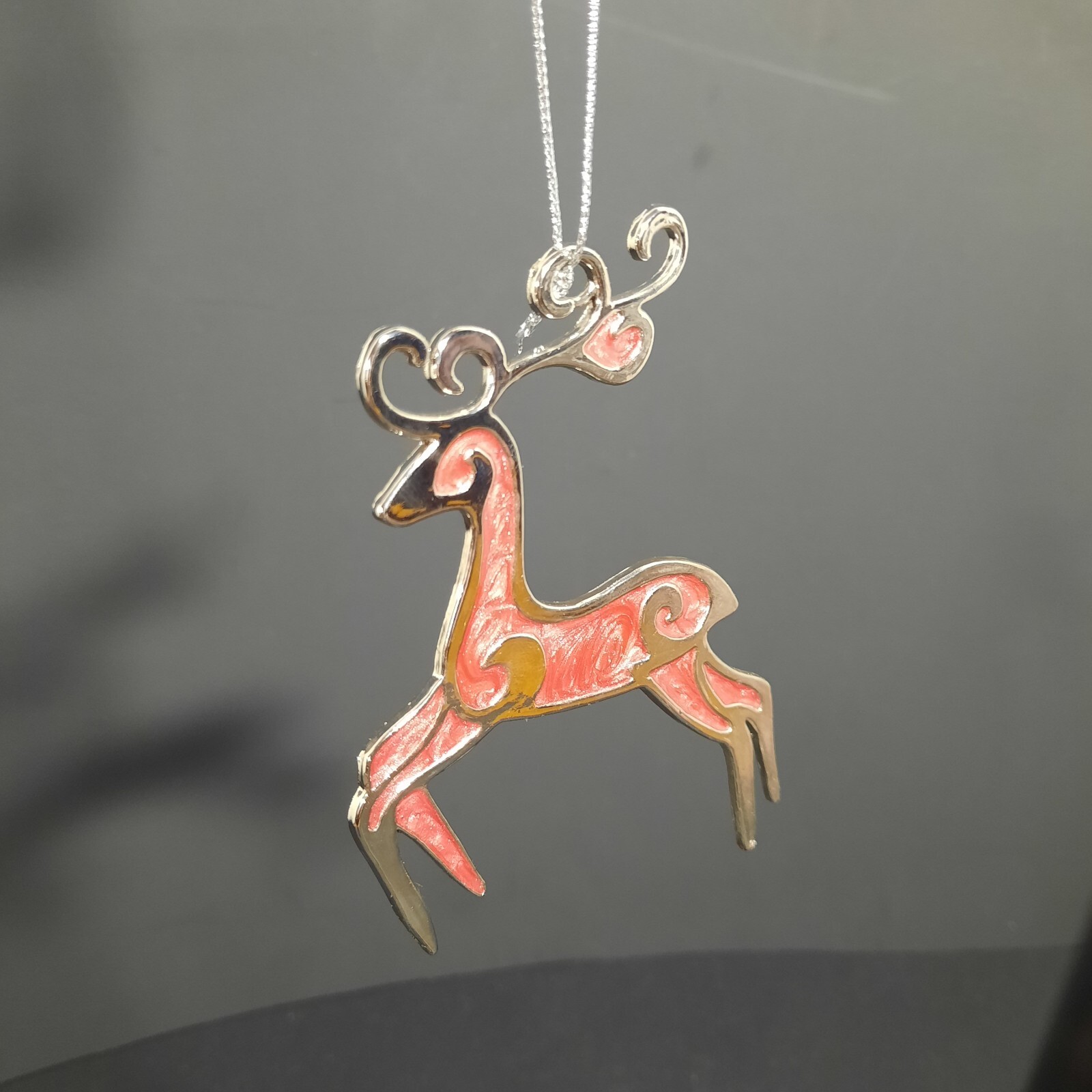 Silver & Pink Enamel Reindeer Christmas Ornament
