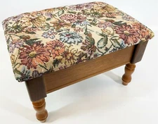 Vintage 15" Daisy Chrysanthemum Woven Jacquard Tapestry Storage Sewing Footstool