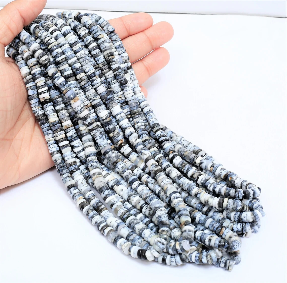 Natural Dendrite Opal Shaded Smooth Heishi Tyre Shape Gemstone Beads, 6-8mm AAA