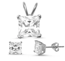 Princess Clear CZ .925 Sterling Silver Earrings and Pendant Set