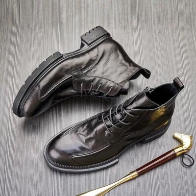靴 GMBH High Top Workwear Boots New Mens Leather High Top Boots Zipper Lace Up Round Toe Business