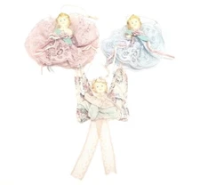 Vintage Christmas Fairy Angel Ornament/Lace Dress/Blue Eyes/Blonde Hair/Set of 3