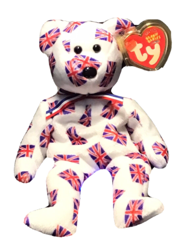 Ty Beanie Baby Union Jack White Bear Black Eyes & Nose Random UK Flags on Body - Afbeelding 1 van 8