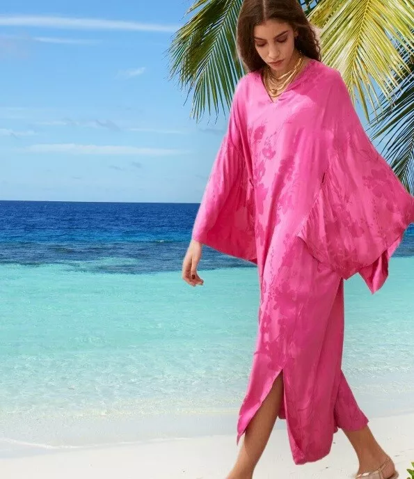 H M Fuchsia Cerise Pink Floral Belted Kimono Sleeve Midi Dress M