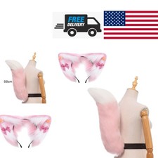 Faux Fur Pink Wolf Ears Headband and Plush Tail Costume Accessories Set