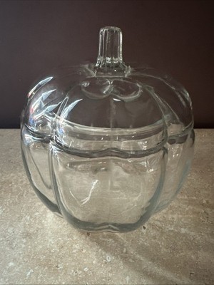 Vintage Pumpkin Shaped Glass Cookie/Candy Jar Preowned 