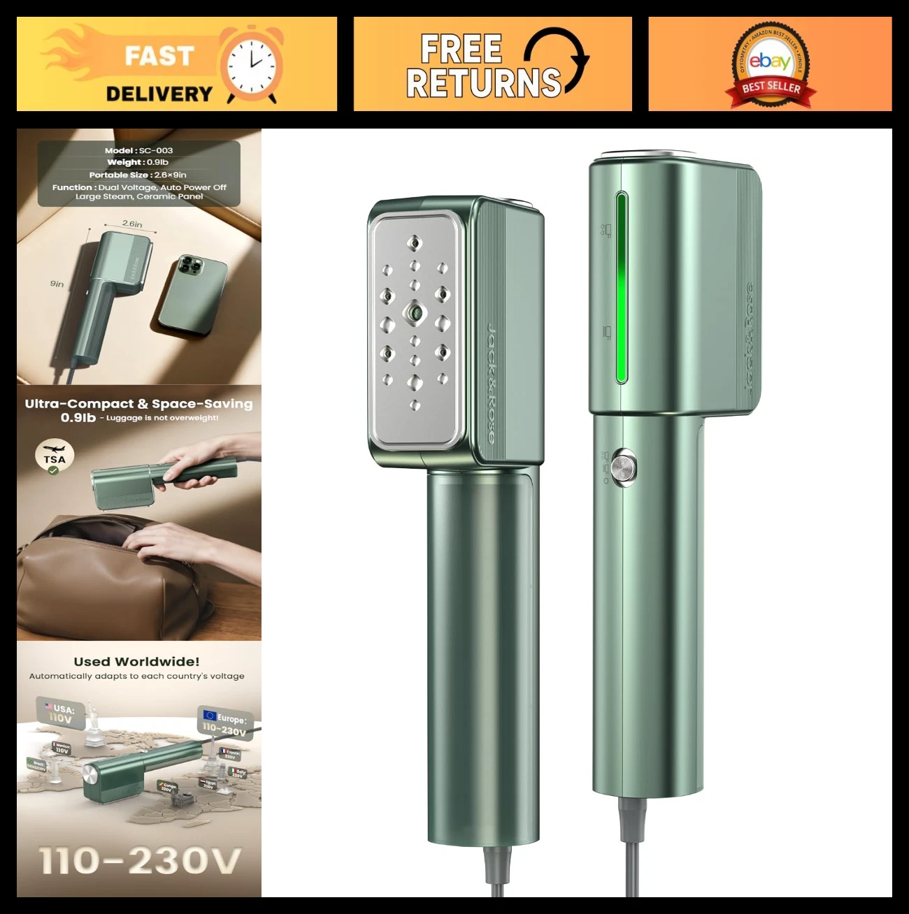 Compact Travel Clothes Steamer, 110-230V, 15s Heat-Up, Mini 2-in-1 Iron, Lightwe