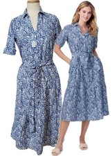 J McLAUGHLIN Wmns XS Batik Blues JANELLE MIDI SHIRT DRESS Belted Silk/Cotton