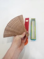 Vintage Ladies Wooden Hand-carved Fan Original Box w Glass Lid